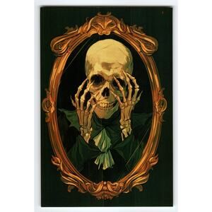 Vintage Halloween Skeleton in Ornate Frame Photochrome Postcard 5.5x4"